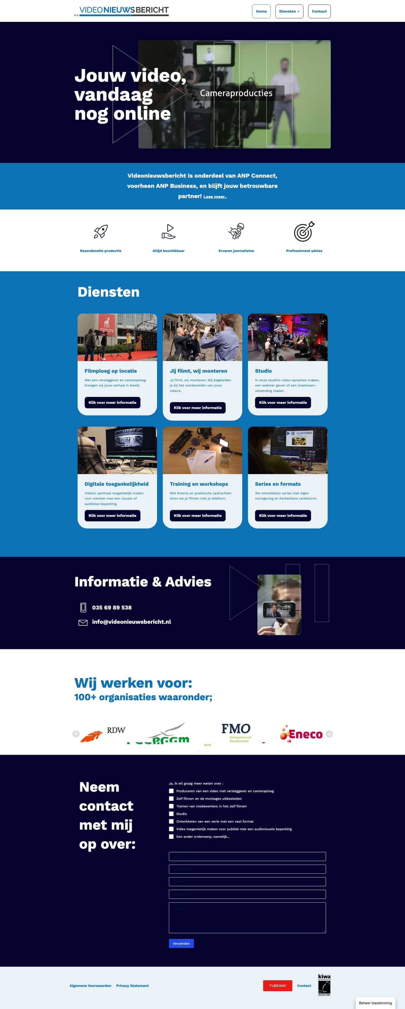 Website van Videonieuwsbericht op desktop